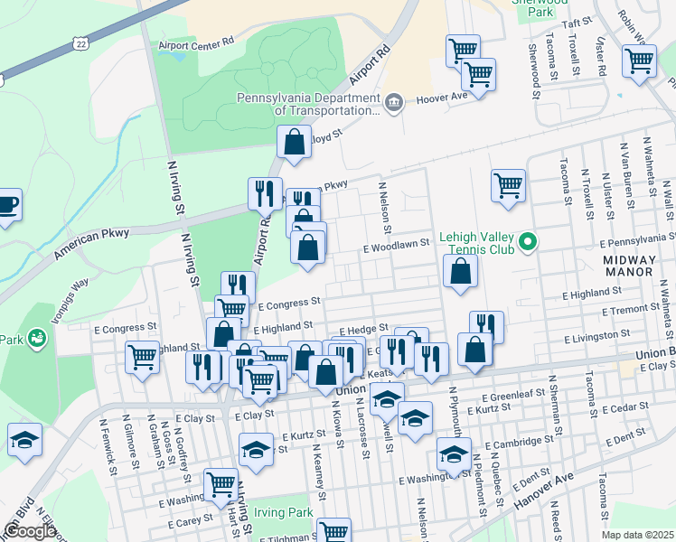 map of restaurants, bars, coffee shops, grocery stores, and more near 1202b East Woodlawn Street in Allentown