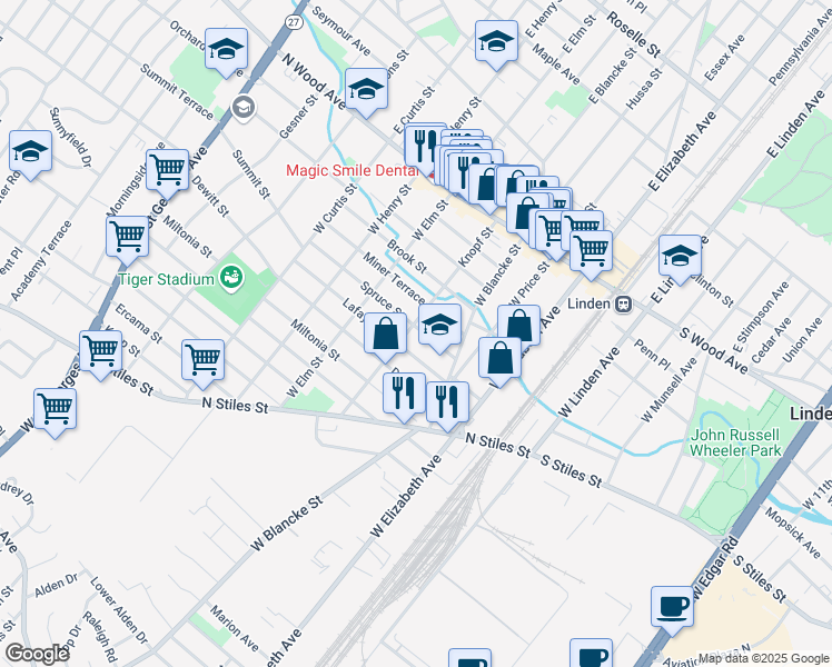 map of restaurants, bars, coffee shops, grocery stores, and more near 501 Knopf Street in Linden