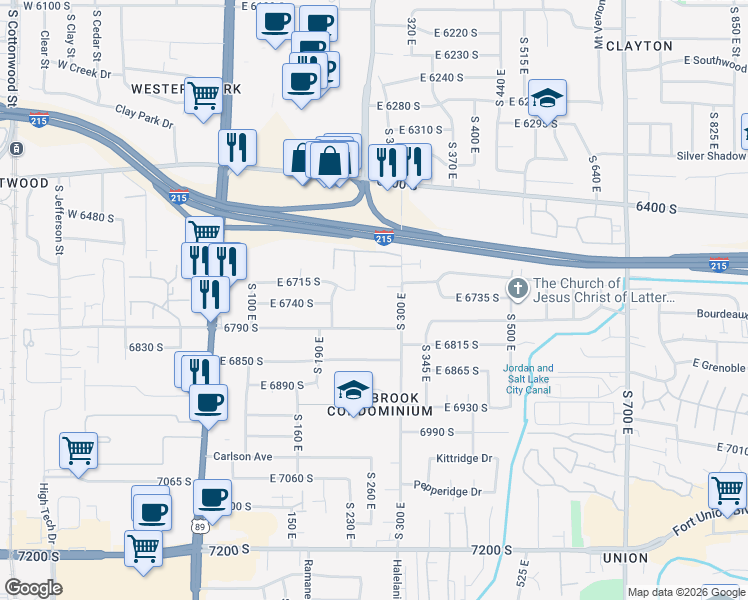 map of restaurants, bars, coffee shops, grocery stores, and more near 6720 South Vaughn Lane in Midvale