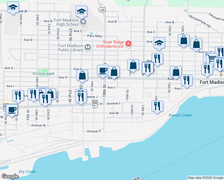map of restaurants, bars, coffee shops, grocery stores, and more near 1716 Avenue I in Fort Madison