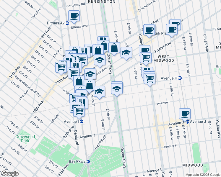 map of restaurants, bars, coffee shops, grocery stores, and more near 800 Ocean Parkway in Brooklyn