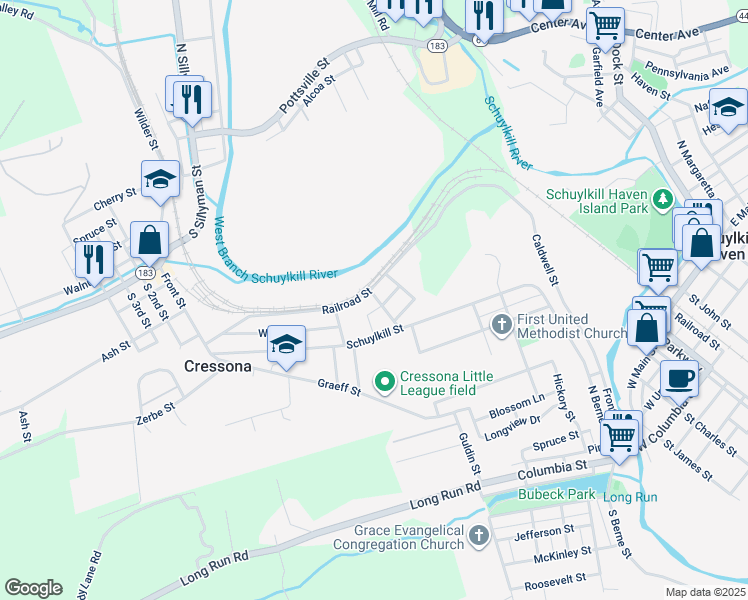 map of restaurants, bars, coffee shops, grocery stores, and more near 151 Railroad Street in Cressona