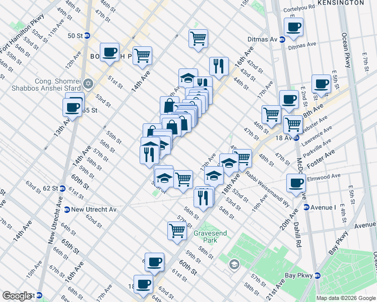 map of restaurants, bars, coffee shops, grocery stores, and more near 1635 52nd Street in Brooklyn