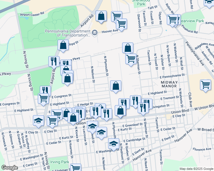map of restaurants, bars, coffee shops, grocery stores, and more near 1518 East Pennsylvania Street in Allentown