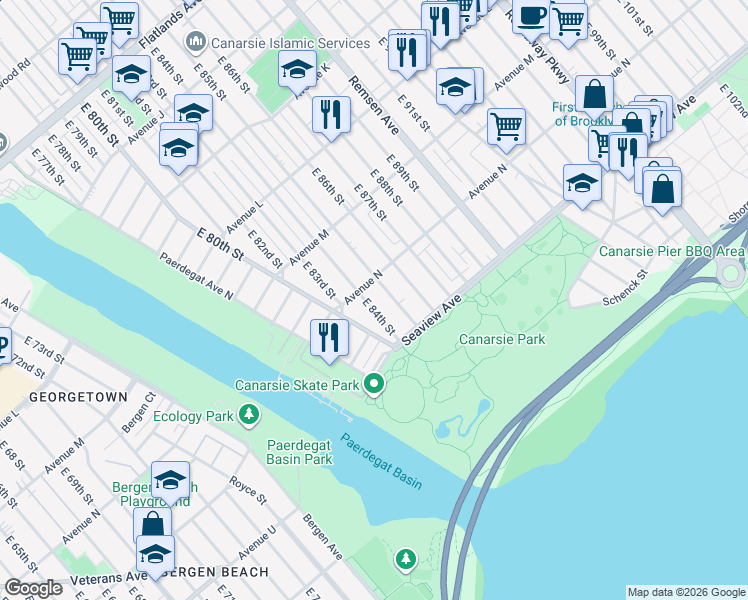 map of restaurants, bars, coffee shops, grocery stores, and more near 1421 East 84th Street in Brooklyn