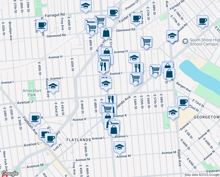 map of restaurants, bars, coffee shops, grocery stores, and more near 1791 Utica Avenue in Brooklyn