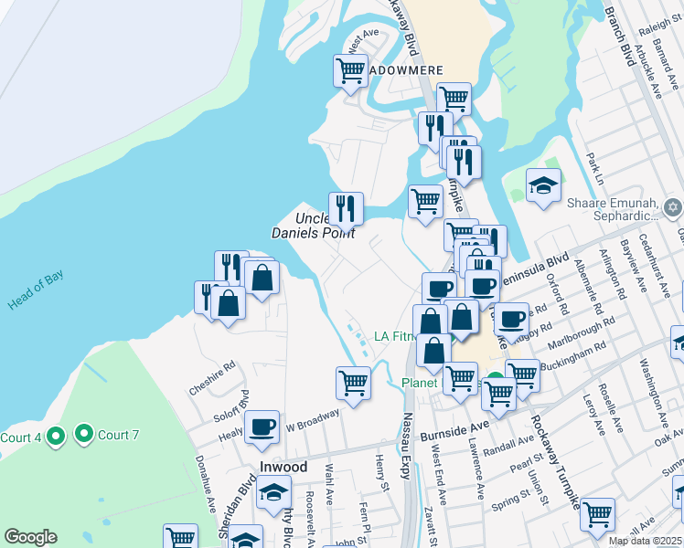 map of restaurants, bars, coffee shops, grocery stores, and more near 1 Johnson Road in Inwood