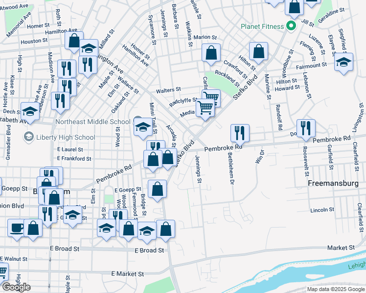 map of restaurants, bars, coffee shops, grocery stores, and more near 1107 Stefko Boulevard in Bethlehem