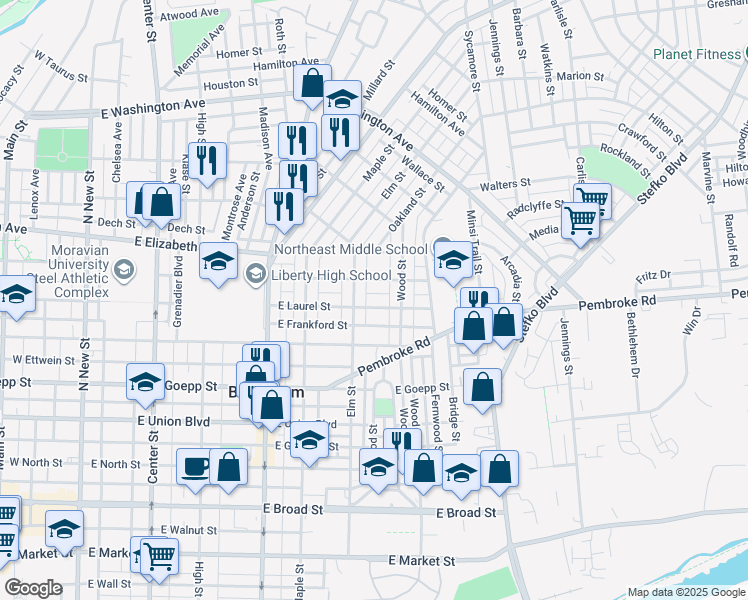 map of restaurants, bars, coffee shops, grocery stores, and more near 515 East Laurel Street in Bethlehem