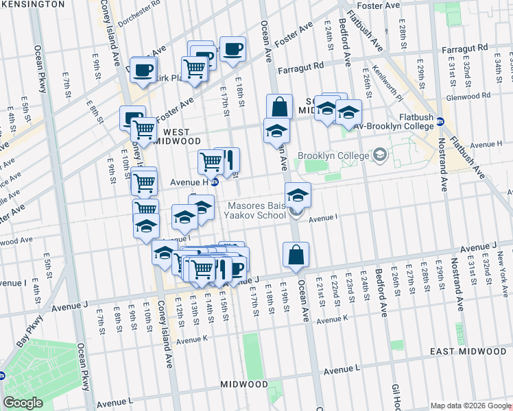 map of restaurants, bars, coffee shops, grocery stores, and more near 859 East 18th Street in Brooklyn