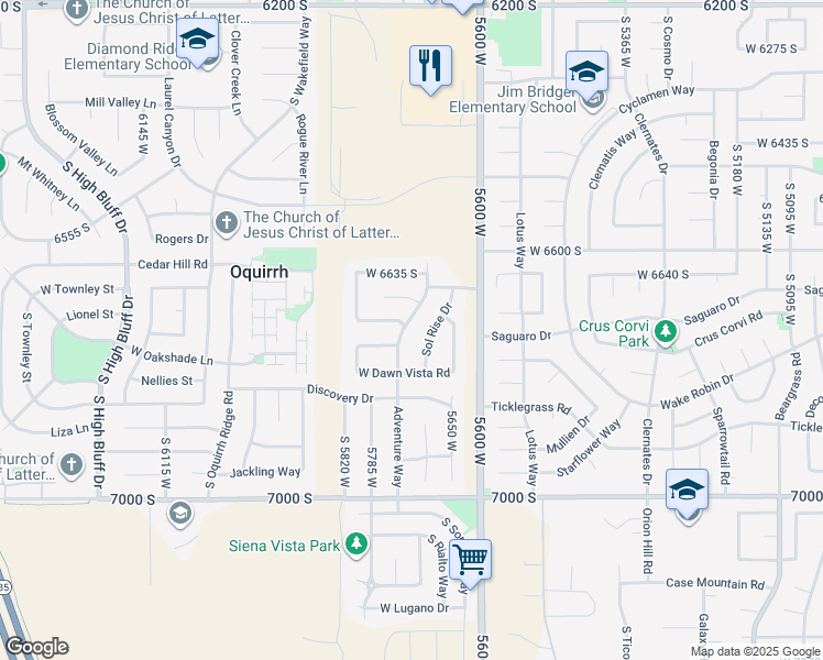 map of restaurants, bars, coffee shops, grocery stores, and more near 6721 Adventure Way in West Jordan