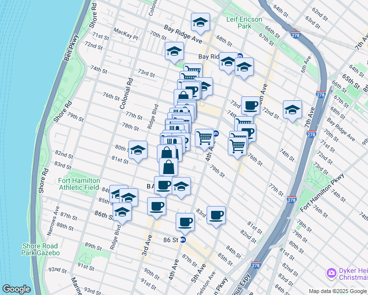 map of restaurants, bars, coffee shops, grocery stores, and more near 324 78th Street in Brooklyn