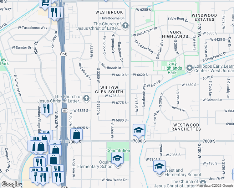 map of restaurants, bars, coffee shops, grocery stores, and more near 3274 West 6735 South in West Jordan