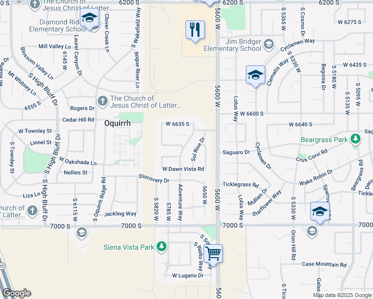 map of restaurants, bars, coffee shops, grocery stores, and more near 6721 Adventure Way in West Jordan