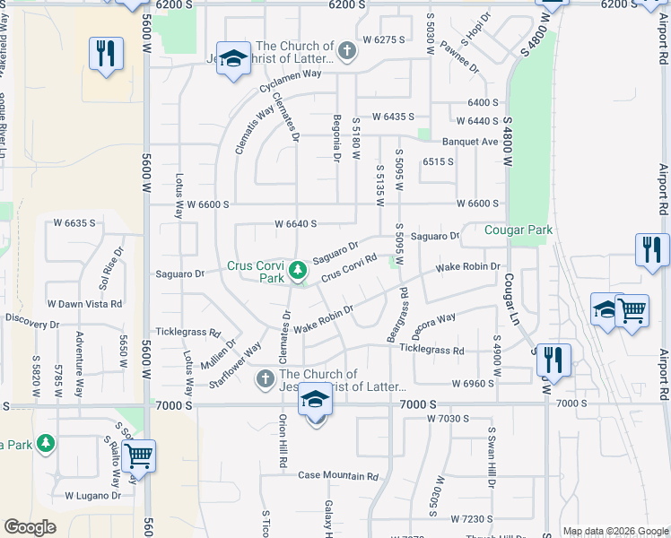 map of restaurants, bars, coffee shops, grocery stores, and more near 5216 Crus Corvi Road in West Jordan