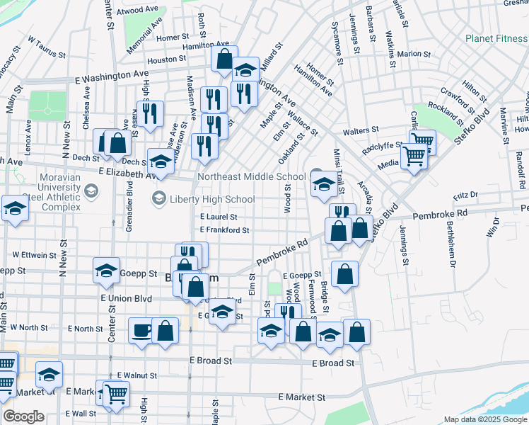 map of restaurants, bars, coffee shops, grocery stores, and more near 515 East Laurel Street in Bethlehem