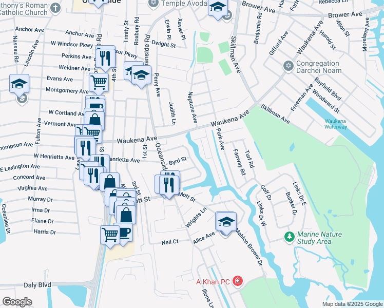 map of restaurants, bars, coffee shops, grocery stores, and more near 3381 Lindbergh Avenue in Oceanside