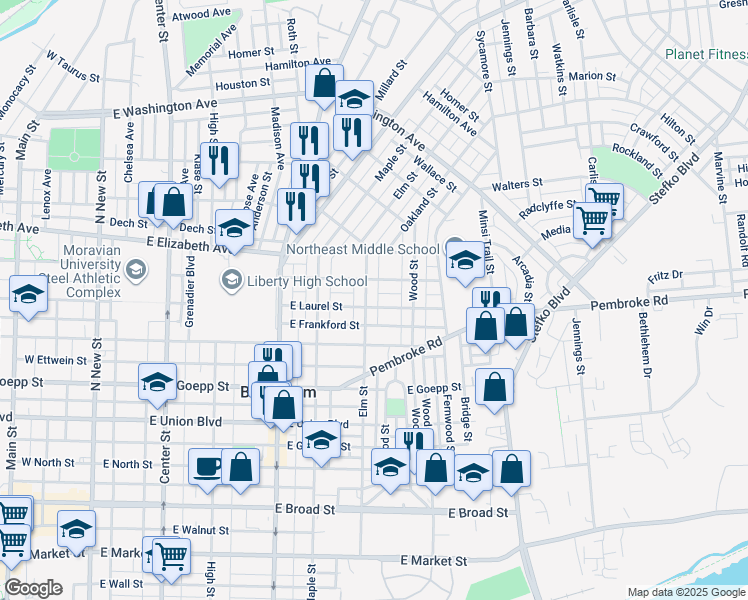 map of restaurants, bars, coffee shops, grocery stores, and more near 1108 Elm Street in Bethlehem