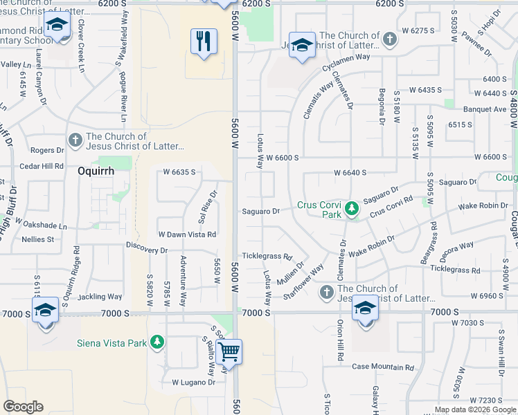 map of restaurants, bars, coffee shops, grocery stores, and more near 5538 Saguaro Drive in West Jordan