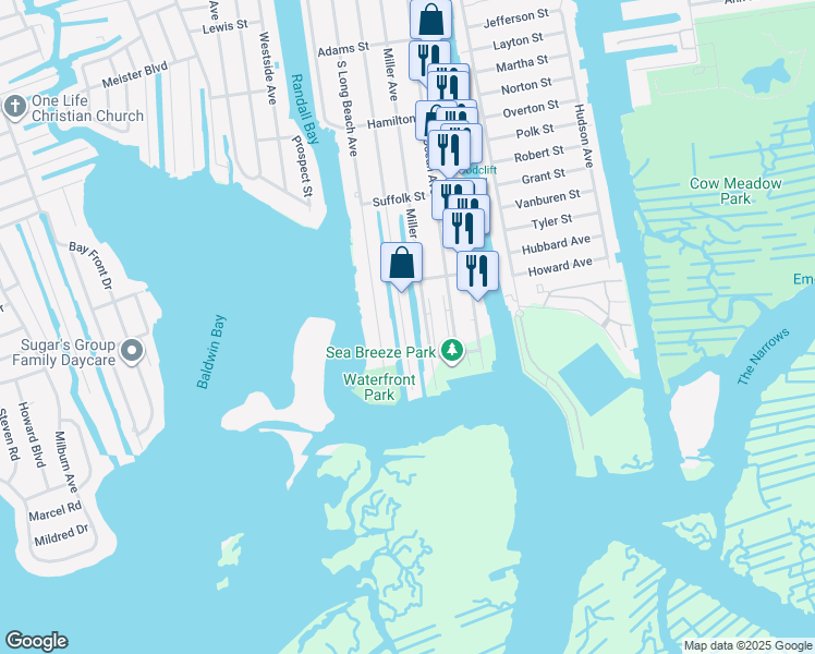 map of restaurants, bars, coffee shops, grocery stores, and more near 571 Nassau Avenue in Freeport