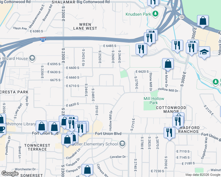 map of restaurants, bars, coffee shops, grocery stores, and more near 2608 East 6710 South in Cottonwood Heights