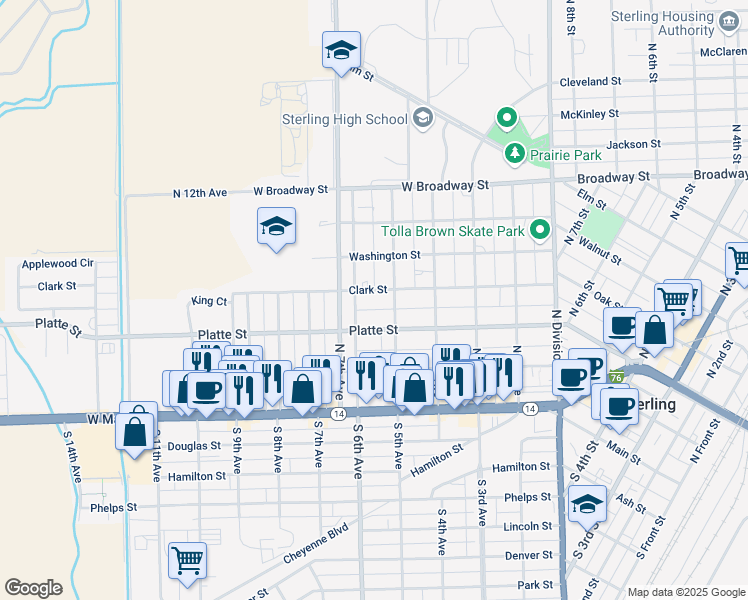 map of restaurants, bars, coffee shops, grocery stores, and more near 517 Clark St in Sterling