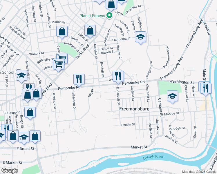map of restaurants, bars, coffee shops, grocery stores, and more near 1032 Pembroke Road in Bethlehem