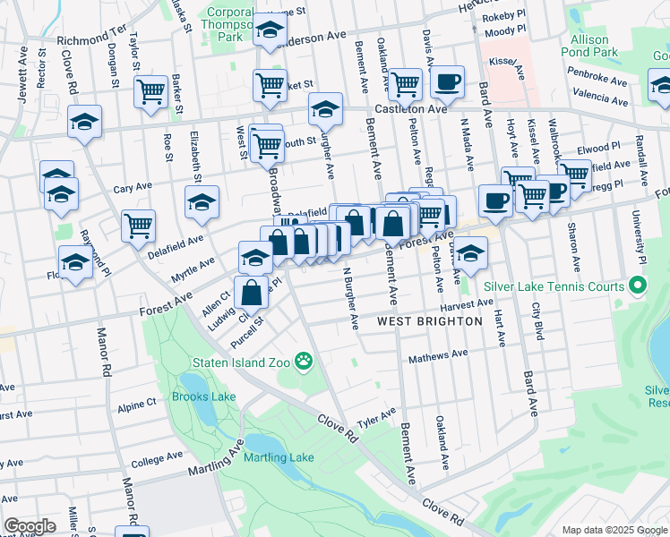 map of restaurants, bars, coffee shops, grocery stores, and more near 732 Forest Avenue in Staten Island