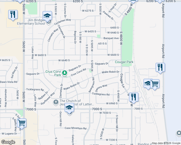 map of restaurants, bars, coffee shops, grocery stores, and more near 6726 Beargrass Road in West Jordan