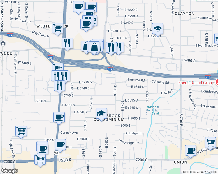 map of restaurants, bars, coffee shops, grocery stores, and more near 6719 South Vaughn Lane in Midvale