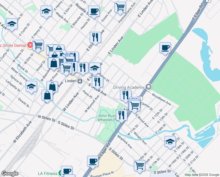 map of restaurants, bars, coffee shops, grocery stores, and more near 23 East Stimpson Avenue in Linden
