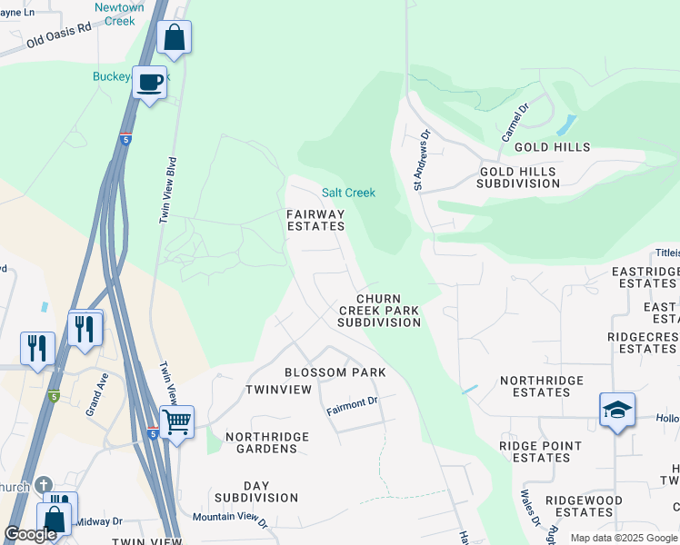 map of restaurants, bars, coffee shops, grocery stores, and more near 6074 Fallworth Drive in Redding
