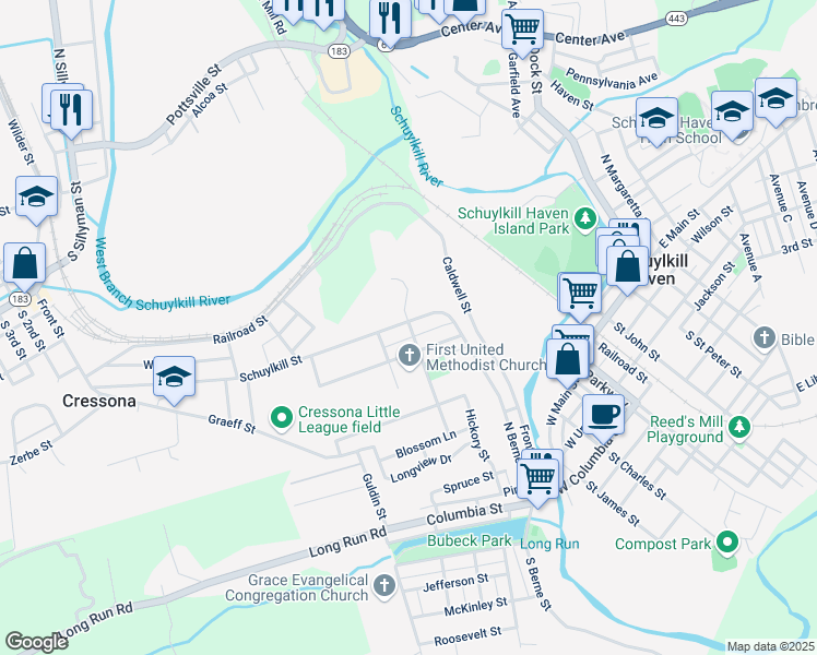 map of restaurants, bars, coffee shops, grocery stores, and more near 400 May Drive in Schuylkill Haven