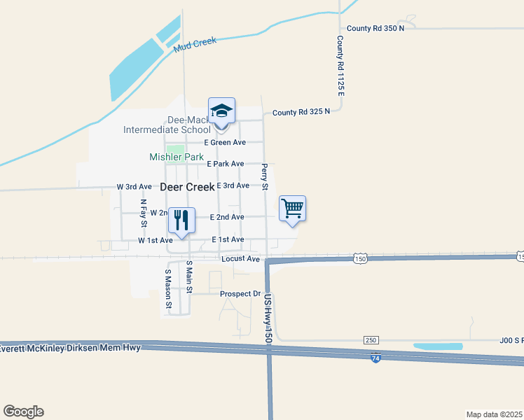 map of restaurants, bars, coffee shops, grocery stores, and more near 313 East 2nd Avenue in Deer Creek