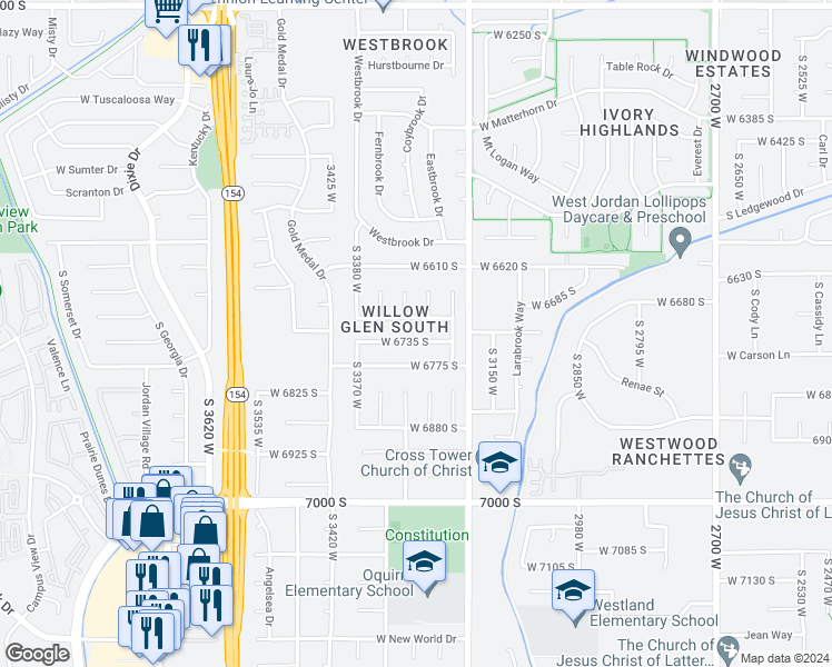 map of restaurants, bars, coffee shops, grocery stores, and more near 3288 West 6735 South in West Jordan