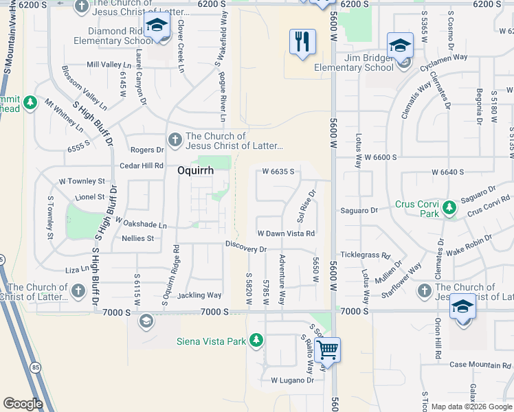 map of restaurants, bars, coffee shops, grocery stores, and more near 5797 West Early Dawn Drive in West Jordan