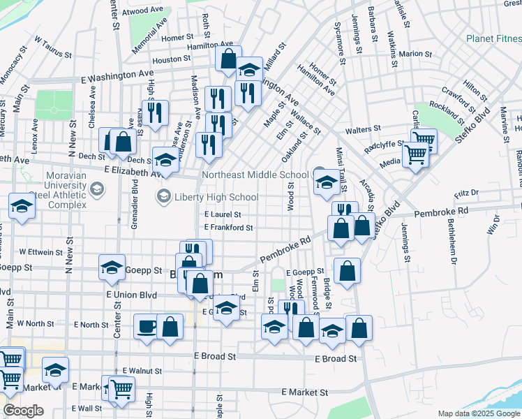 map of restaurants, bars, coffee shops, grocery stores, and more near 1108 Elm Street in Bethlehem