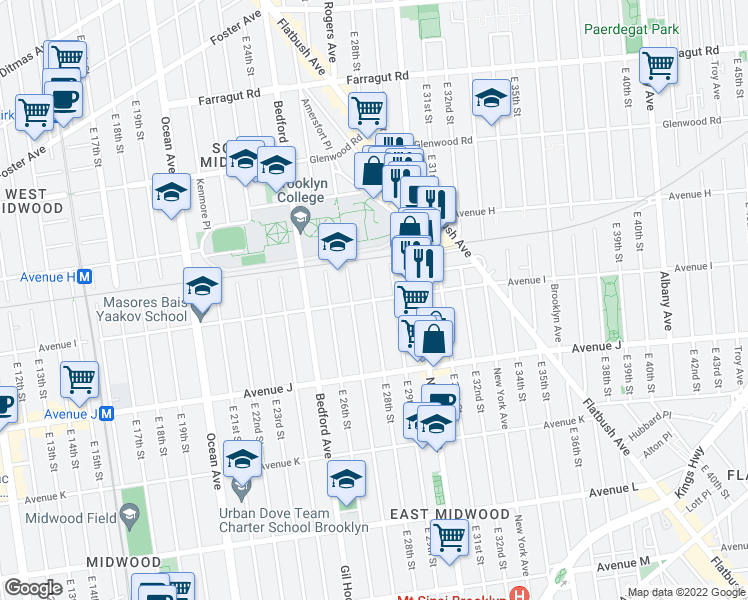 map of restaurants, bars, coffee shops, grocery stores, and more near Avenue I & E 28th St in Brooklyn