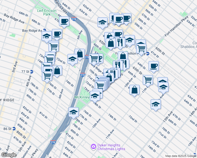 map of restaurants, bars, coffee shops, grocery stores, and more near 844 70th Street in Brooklyn