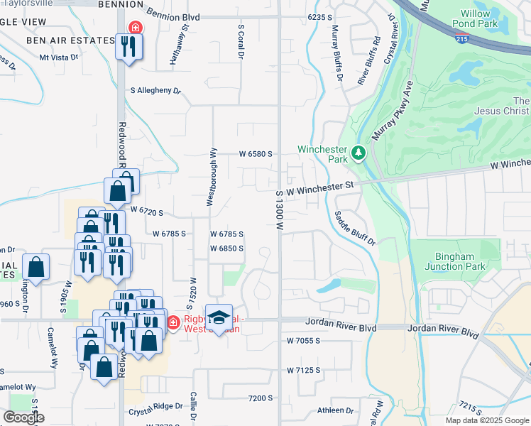 map of restaurants, bars, coffee shops, grocery stores, and more near 6760 S 1300 W in West Jordan