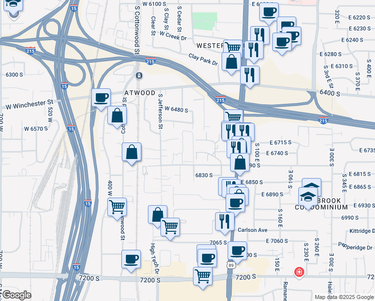 map of restaurants, bars, coffee shops, grocery stores, and more near 6647 South 70 West in Murray