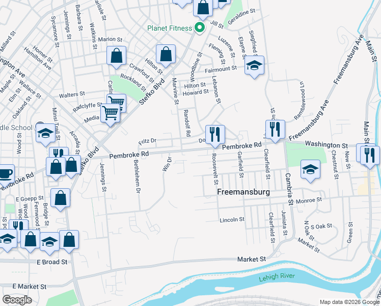 map of restaurants, bars, coffee shops, grocery stores, and more near 1032 Pembroke Road in Bethlehem