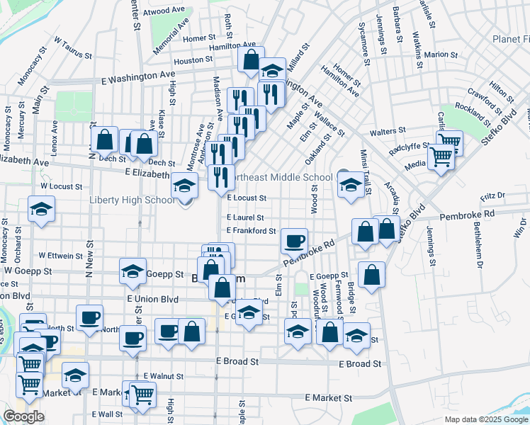map of restaurants, bars, coffee shops, grocery stores, and more near 427 East Laurel Street in Bethlehem