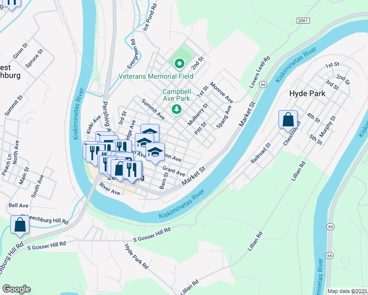 map of restaurants, bars, coffee shops, grocery stores, and more near 377 Harrison Avenue in Leechburg