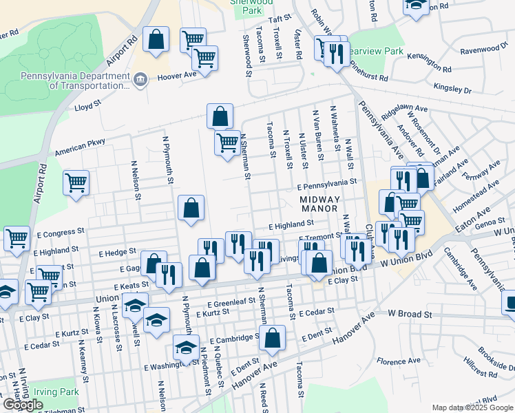 map of restaurants, bars, coffee shops, grocery stores, and more near 1909 East Congress Street in Allentown