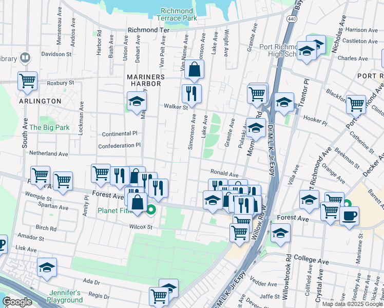 map of restaurants, bars, coffee shops, grocery stores, and more near 323 Dixon Avenue in Staten Island