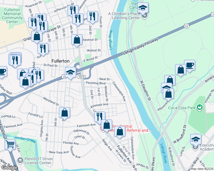 map of restaurants, bars, coffee shops, grocery stores, and more near 535 Windsor Street in Fullerton