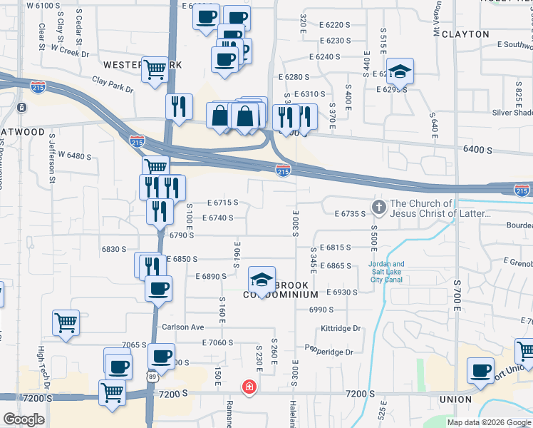 map of restaurants, bars, coffee shops, grocery stores, and more near 232 East 6715 South in Midvale
