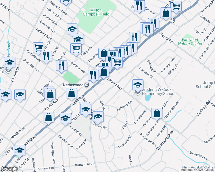 map of restaurants, bars, coffee shops, grocery stores, and more near 1149 East 7th Street in Plainfield