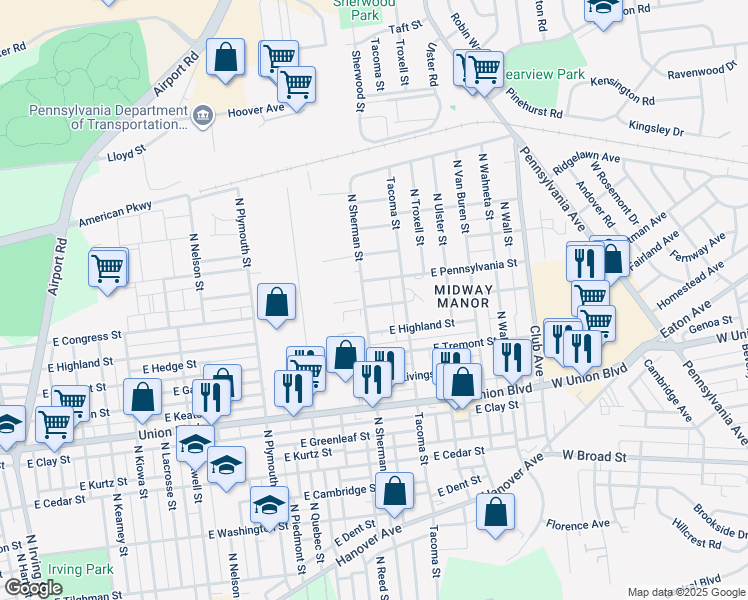 map of restaurants, bars, coffee shops, grocery stores, and more near 1909 East Congress Street in Allentown